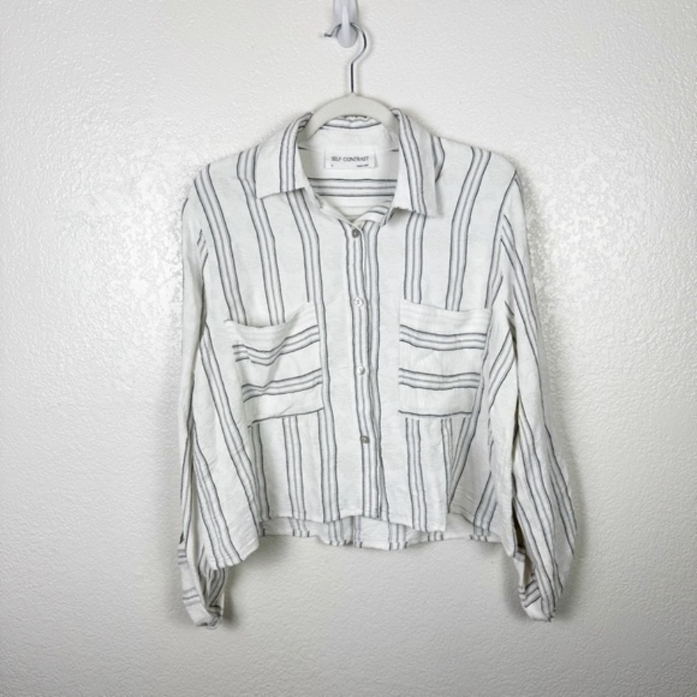 Self Contrast White Navy Stripe Button Up Top Long Sleeve Size Small
